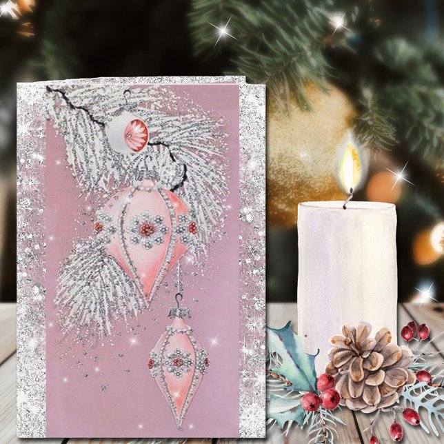 Cartão Enfeites Rosa Vintage de Natal Brilho Prata (Criador carregado)