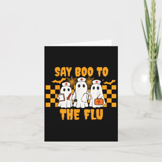 Cartão Enfermeira Ghost Halloween Diz Boo À Gripe (Frente)