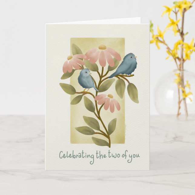 Cartão Engagement Congratulations Watercolor Blue Birds a (Flor Amarela)