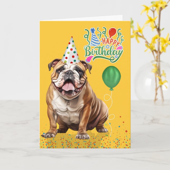 Cartão English Bulldog Party Hat Yellow Birthday (Flor Amarela)