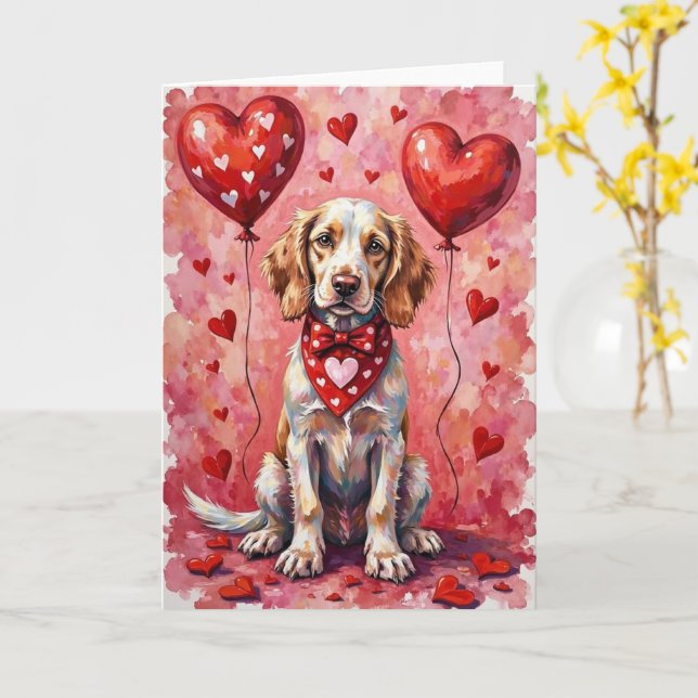 Cartão English Setter Valentine’s Day Dog with Hearts Red (Flor Amarela)