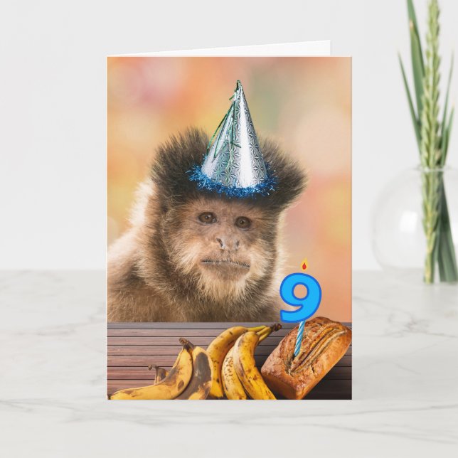 Cartão Engraçado 9º aniversário Capuchin Macaco Banana Br (Frente)