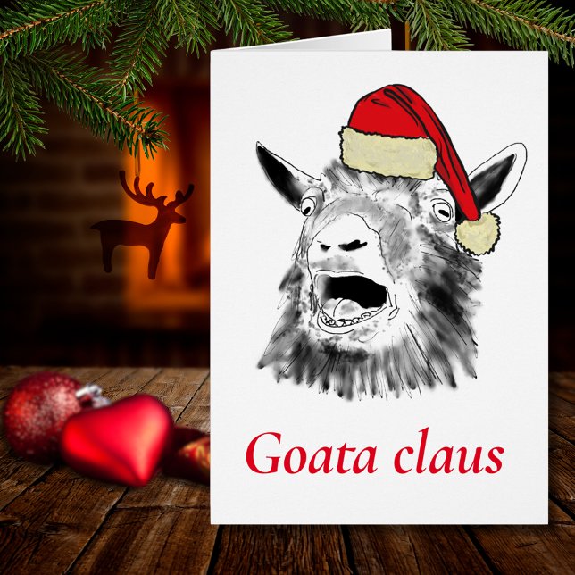 Cartão Engraçado Cabra um Claus Gritando Natal (Christmas screaming goat funny Goata Claus farm animal wearing a Santa hat drawing holiday card)