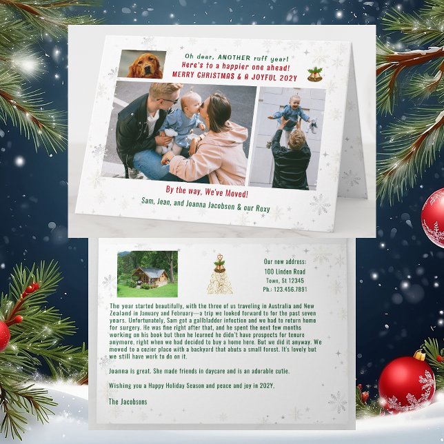 Cartão Engraçado Cachorro Ruff Ano Que Mudamos 4 Fotos Co (Funny Dog Oh Dear, Another Ruff Year. We've Moved Xmas Card. 4 Photos. Elegant, golden. Snowflakes)