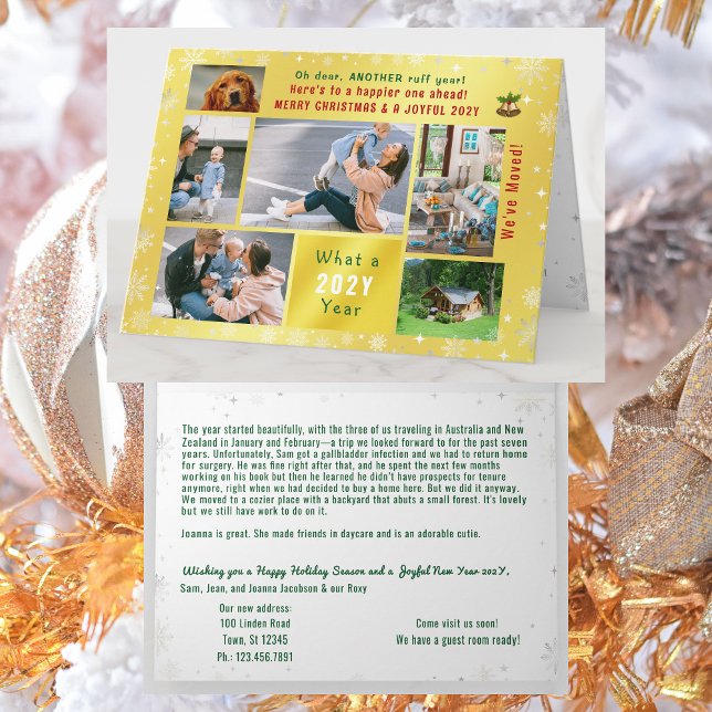 Cartão Engraçado Cachorro Ruff Ano Que Mudamos 6 Fotos Ou (Funny dog Ruff year Christmas card. 6 Photos. Peace, love, joy. We've Moved. Elegant, golden. Snow)