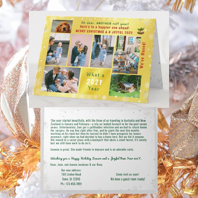 Cartão Engraçado Cachorro Ruff Ano Que Mudamos 7 Fotos Ou (Funny dog Ruff year Christmas card. 7 Photos. Peace, love, joy. We've Moved. Elegant, golden. Snow)