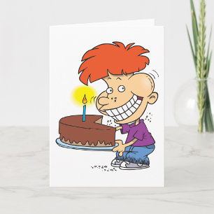 Cartão Engraçado Cartoon Boy com Bolo de Aniversário de C