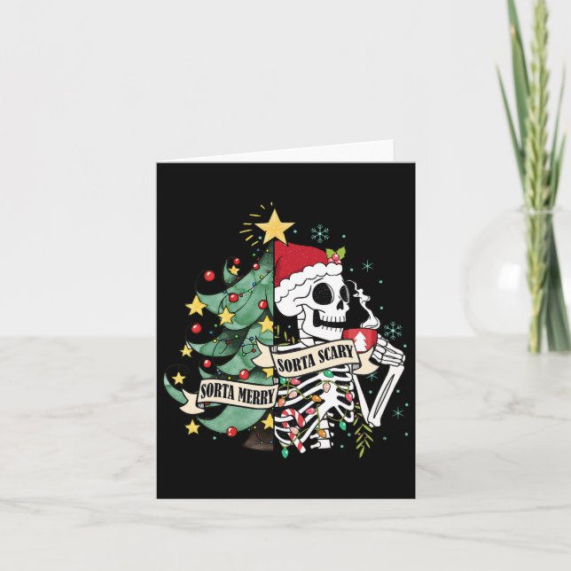 Cartão Engraçado Natal Esqueleto Sorta Feliz Sorta Assust (Frente)