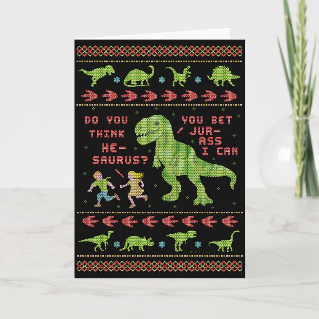 Cartão Engraçado Natal T Rex Dinossaur Humor Faux Knit (Frente)