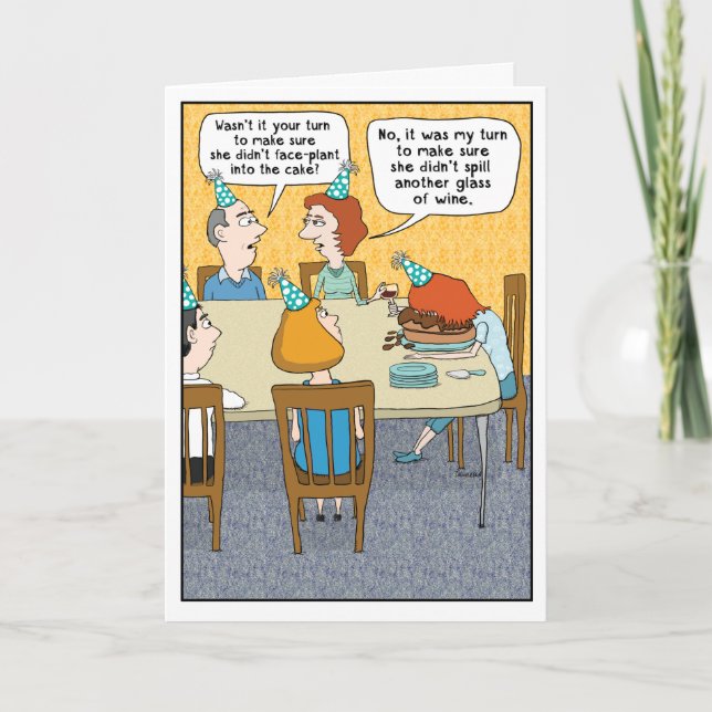 Cartão Engraçado rosto de Bebado no Bolo Aniversário (Frente)