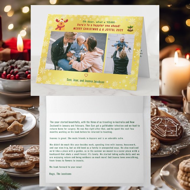 Cartão Engraçado Rudolph Oh Deer Feliz Ouro Xmas 2 Fotogr (Cute Funny Modern Oh Deer What a Year Rudolph Snow Merry Xmas Joyful New Year 2 Photos Letter Golden)