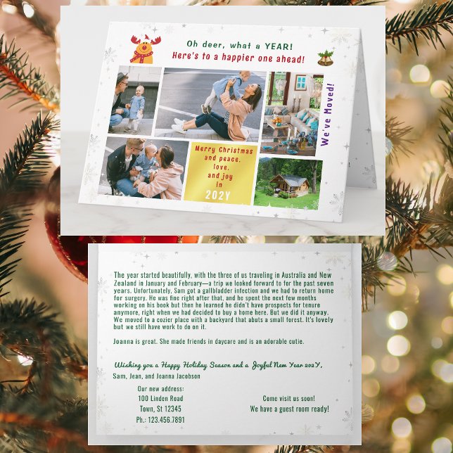 Cartão Engraçado Rudolph Oh Deer Movimentamos 5 Fotos Mod (Modern, elegant, funny Rudolph Xmas We've Moved Announcement. 5 Photos. Peace, Love, Joy. Snowflakes)