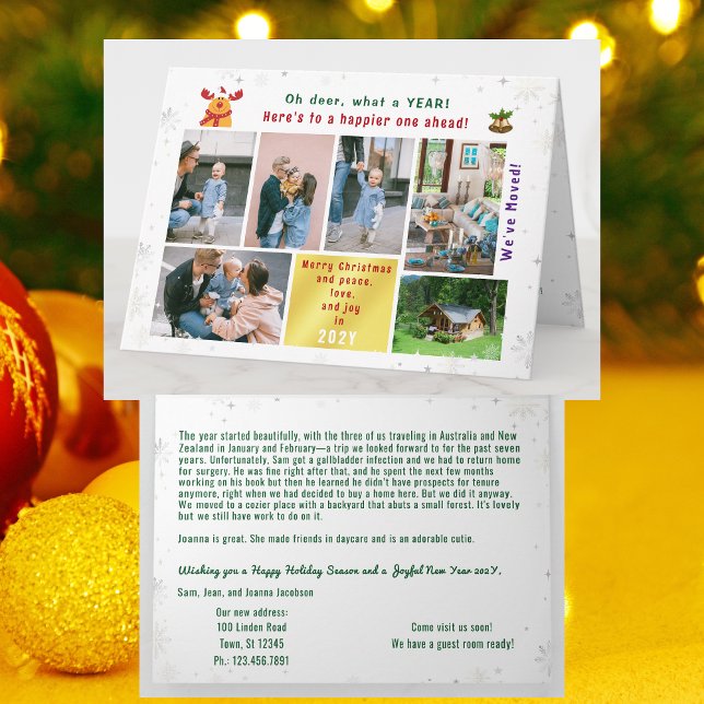 Cartão Engraçado Rudolph Oh Deer Mudamos 6 Fotos Modernas (Funny Rudolph Oh deer what a year Christmas card. 6 Photos. Peace, love, joy. We've Moved. Cute snow)