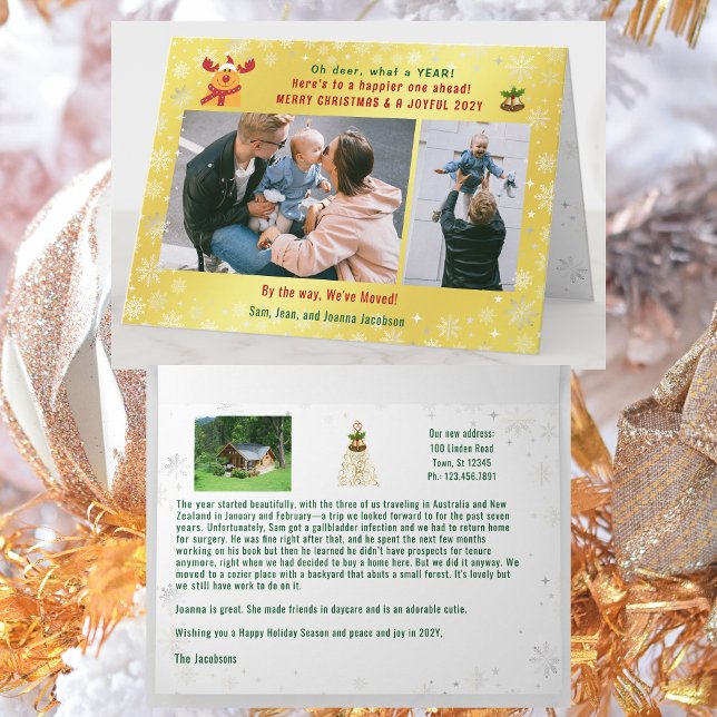 Cartão Engraçado Rudolph Oh Deer Nós mudamos o Ouro de 3  (Funny Rudolph Oh deer what a year Christmas card. 3 Photos. We've Moved. Elegant, golden. Cute Snow
)