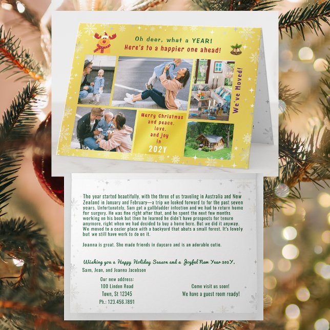 Cartão Engraçado Rudolph Oh Deer Nós mudamos o Ouro de 5  (Modern, elegant, funny Rudolph Xmas We've Moved Announcement. 5 Photos. Peace, Love, Joy. Snowflakes)