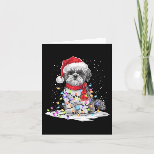 Cartão Engraçado Shih Tzu Dog Árvore de Natal Luzes de Na (Frente)
