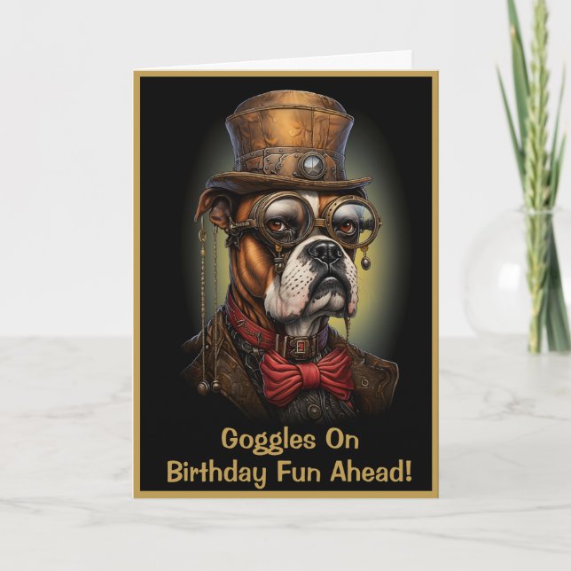Cartão Engraçado Steampunk Birthday Boxer Dog Texto Perso (Frente)