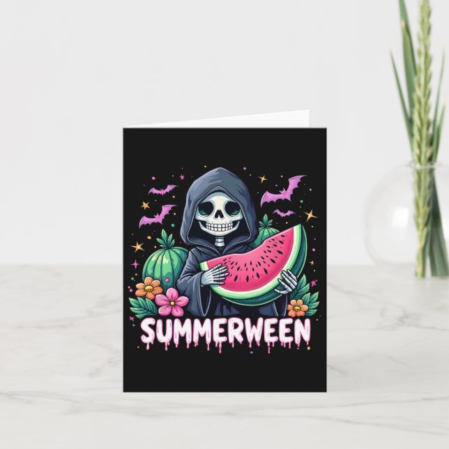 Cartão Engraçado Summerching Skeleton Watermelon Hallowee (Frente)
