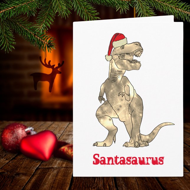 Cartão Engraçado T Rex Papais noeis de Natal Dinossauro X (Christmas dinosaur T-Rex Santasaurus funny holiday greetings card)