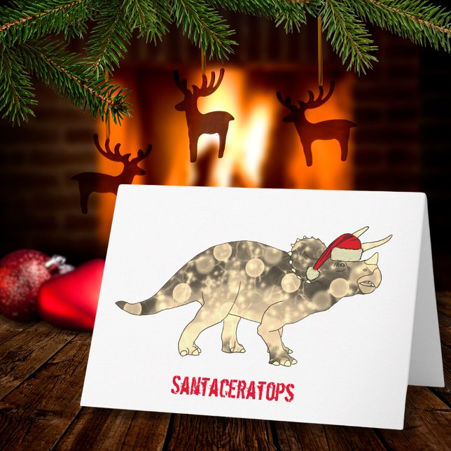 Cartão Engraçado Tricerátops Papais noeis de Natal Slogan (Christmas dinosaur triceratops wearing a Santa hat fun holiday greetings card)
