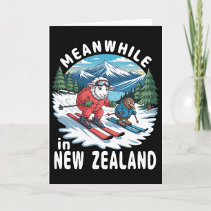 Cartão Enquanto isso na Nova Zelândia Kiwi Ovelhas Esquia
