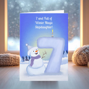 Cartão Enteada Feliz Aniversário de 7 anos Boneco de Neve