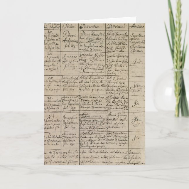 Cartão Entrada de Mozart no registro batismal, 1756 (Frente)