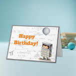 Cartão Equação matemática de cinzas bonitas e aniversário<br><div class="desc">Cartão de aniversário bonito para amantes de matemática. A ilustração é um garoto numa fantasia de calculadora segurando um baile de cinza. O plano de fundo tem equações matemáticas escritas manualmente na cor da cinza. O texto diz "Feliz Aniversário", mas você pode personalizá-lo para outras ocasiões também. Ilustrada e projetada...</div>