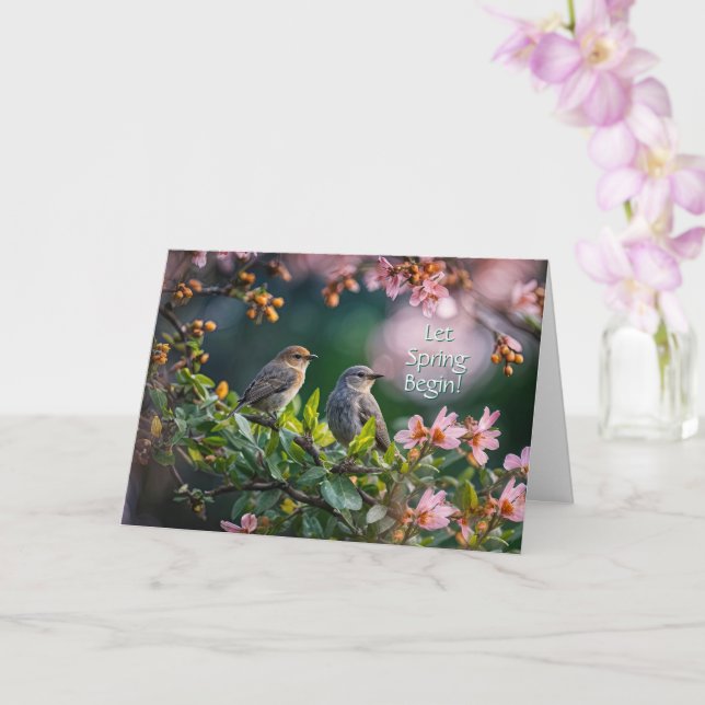 Cartão Equinócio de Primavera Pássaros e Flores em Flor (Orquídea)