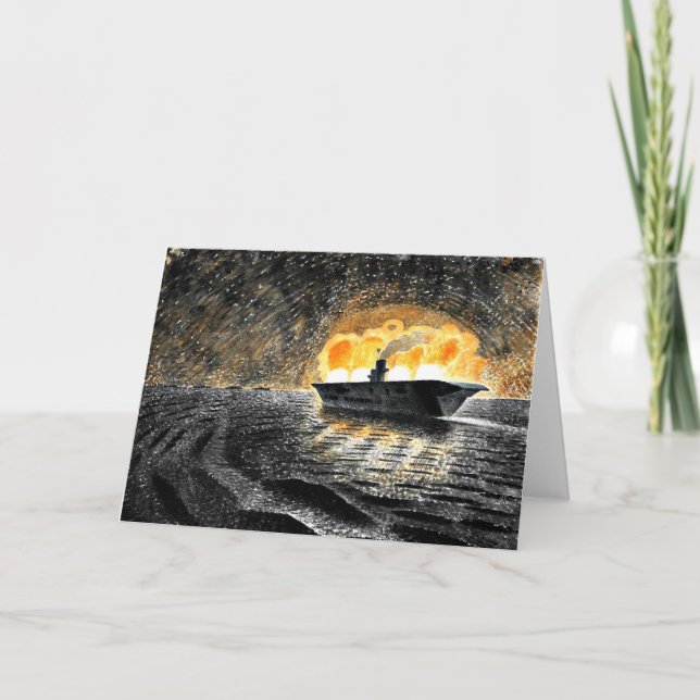 Cartão Eric Ravilious art, HMS Ark Royal em Ação, (Frente)