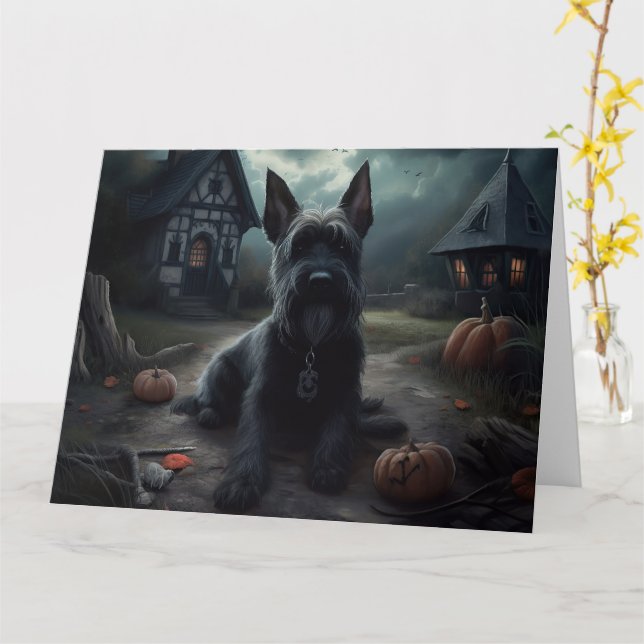 Cartão Escocês Terrier Pumpkins Halloween Scary (Flor Amarela)