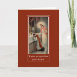 Cartão espanhol do aniversário do sacerdócio<br><div class="desc">Comemore o aniversário do sacerdócio com esta imagem bonita de uma massa de oferecimento do sacerdote católico que ajoelha-se no altar. Siempre de para do sacerdote do un dos eres de Tú (arte de mil um padre para sempre) En a Turquia Aniversario del sacerdocio de Felicitaciones (parabéns no aniversário de...</div>