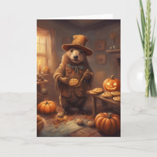 Cartão Espantalho Castor Assando Biscoitos Halloween