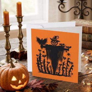 Cartão Espantalho de Halloween Gótico Assustador Abóbora 