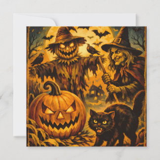 Cartão Espantalho de Halloween Vintage, Bruxa, Abóbora