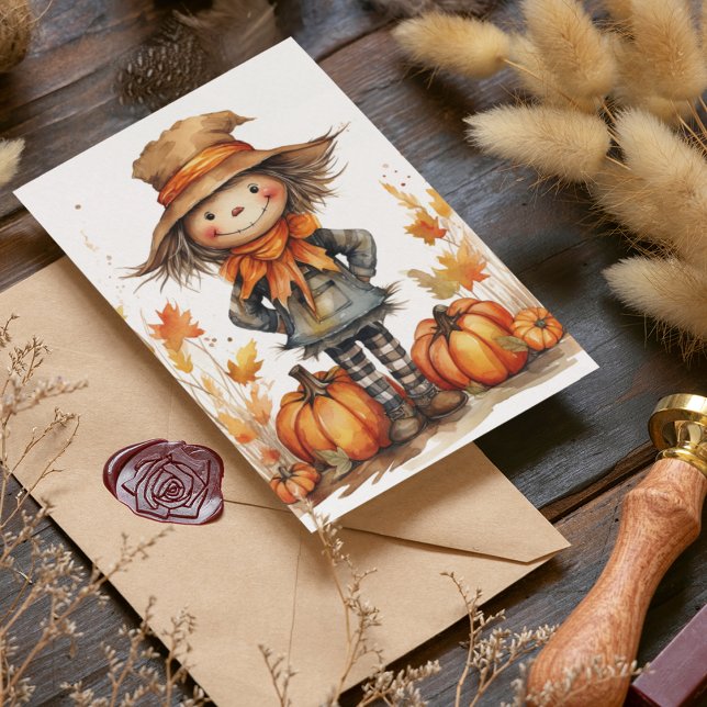 Cartão Espantalho Fofo de Outono com Abóbora e Folhas (Cute watercolor scarecrow for autumn, fall and Thanksgiving holidays with leaves and pumpkins.)