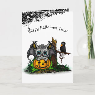 Cartão Esperando pelo Halloween, Morcego Fofo e Corvo