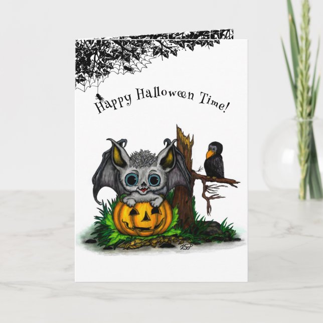Cartão Esperando pelo Halloween, Morcego Fofo e Corvo (Frente)