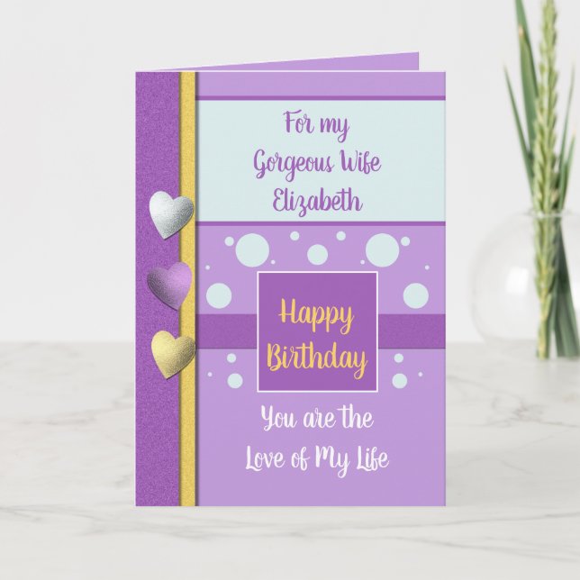 Cartão Esposa de Aniversário, a razão de eu sorrir roxo e (Frente)