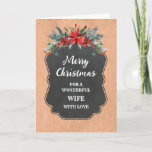 Cartão Esposa de Chalkboard russa Feliz Natal<br><div class="desc">Feliz Natal para a esposa,  com o padrão rústico do quadro-negro e folhagem de inverno com poinsettias.</div>