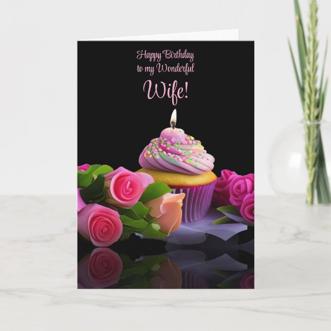 Cartão Esposa Feliz Aniversário com Cupcake Rosa (Frente)