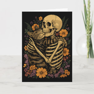 Cartão Esqueleto Abraçando Gato Floral Halloween Amante d