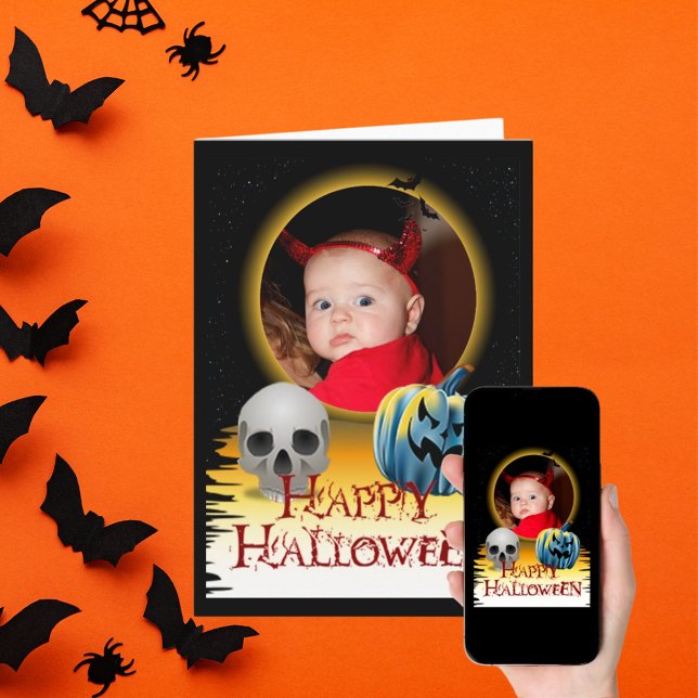 Cartão Esqueleto da Fotografia do Halloween e Jack o'Lant (Halloween Photo Frame Skeleton and Jack o'Lantern Card)