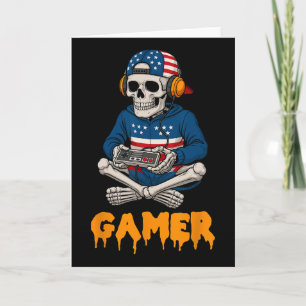 Cartão Esqueleto de Halloween Patriótico Gamer Funny Skel