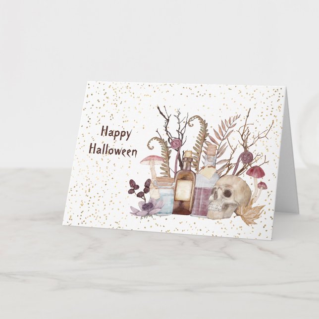 Cartão Esqueleto de Halloween Poções Cogumelos Floral (Criador carregado)