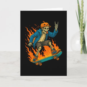 Cartão Esqueleto de Halloween Skateboarding Abóbora Chama