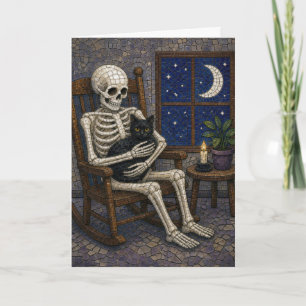Cartão Esqueleto de Mosaico de Halloween com Gato Preto
