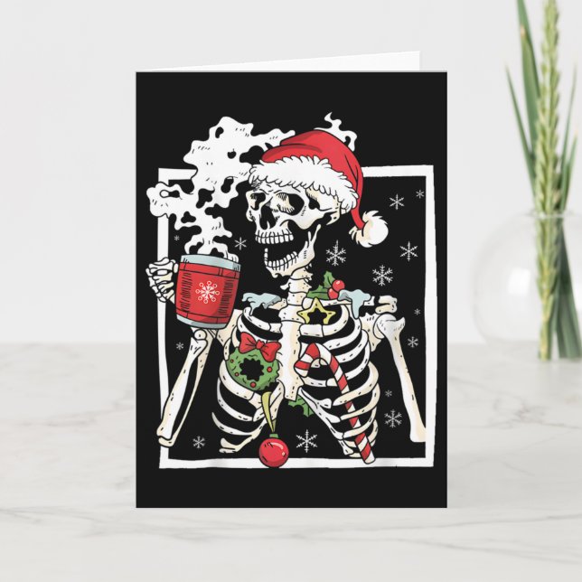 Cartão Esqueleto de Natal com Caveira Sorridente Bebendo  (Frente)