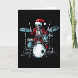 Cartão Esqueleto de Papai Noel Tocando Tambor Bateria Per