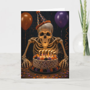 Cartão Esqueleto Engraçado Fazendo Aniversário de Hallowe